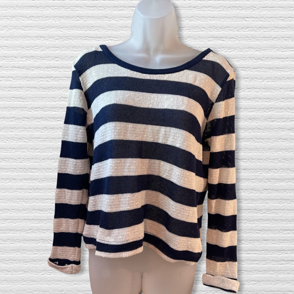 Springfield Striped Long Sleeve Boat Neck Top - Navy Blue/White - Size L